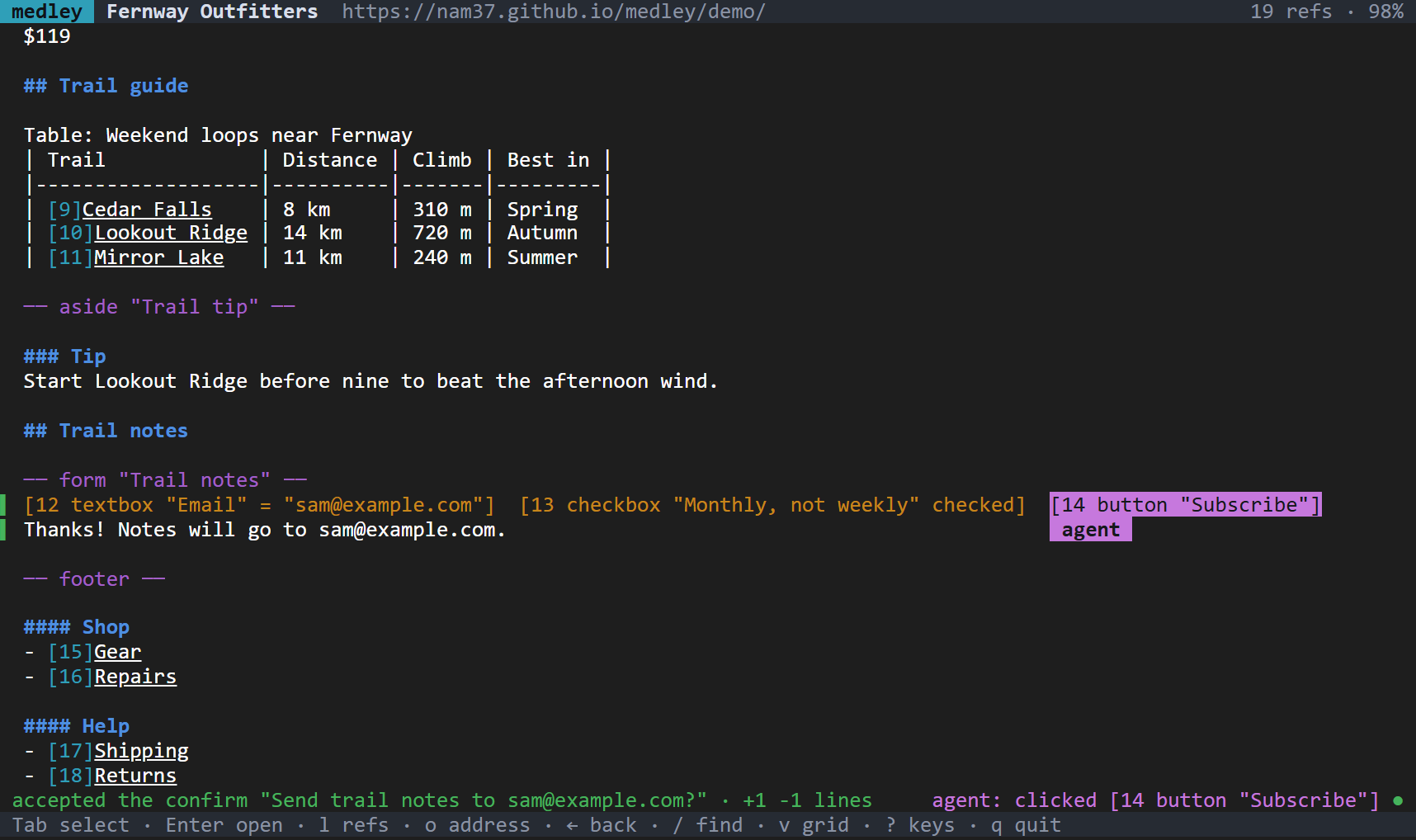 After pressing y: accepted the confirm, and the page now shows Thanks! Notes will go to sam@example.com.