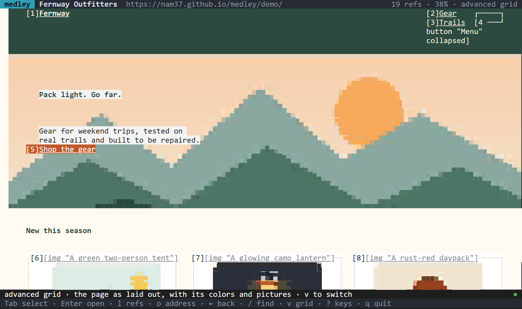 Advanced grid: the page as laid out, with its green top bar and the mountain picture drawn in block characters.