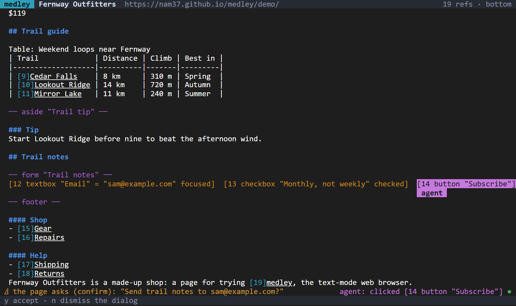 The status line reads: the page asks (confirm): Send trail notes to sam@example.com? with the hint y accept, n dismiss.