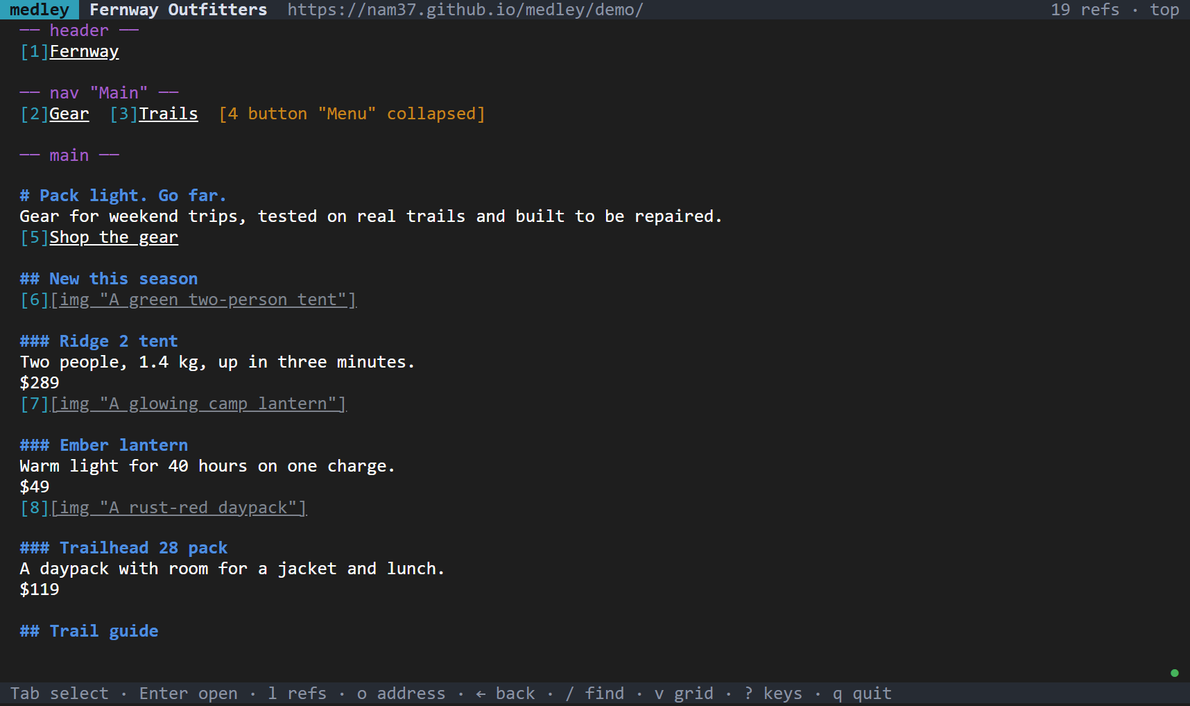 No grid: the page as medley's plain text, with colored refs.